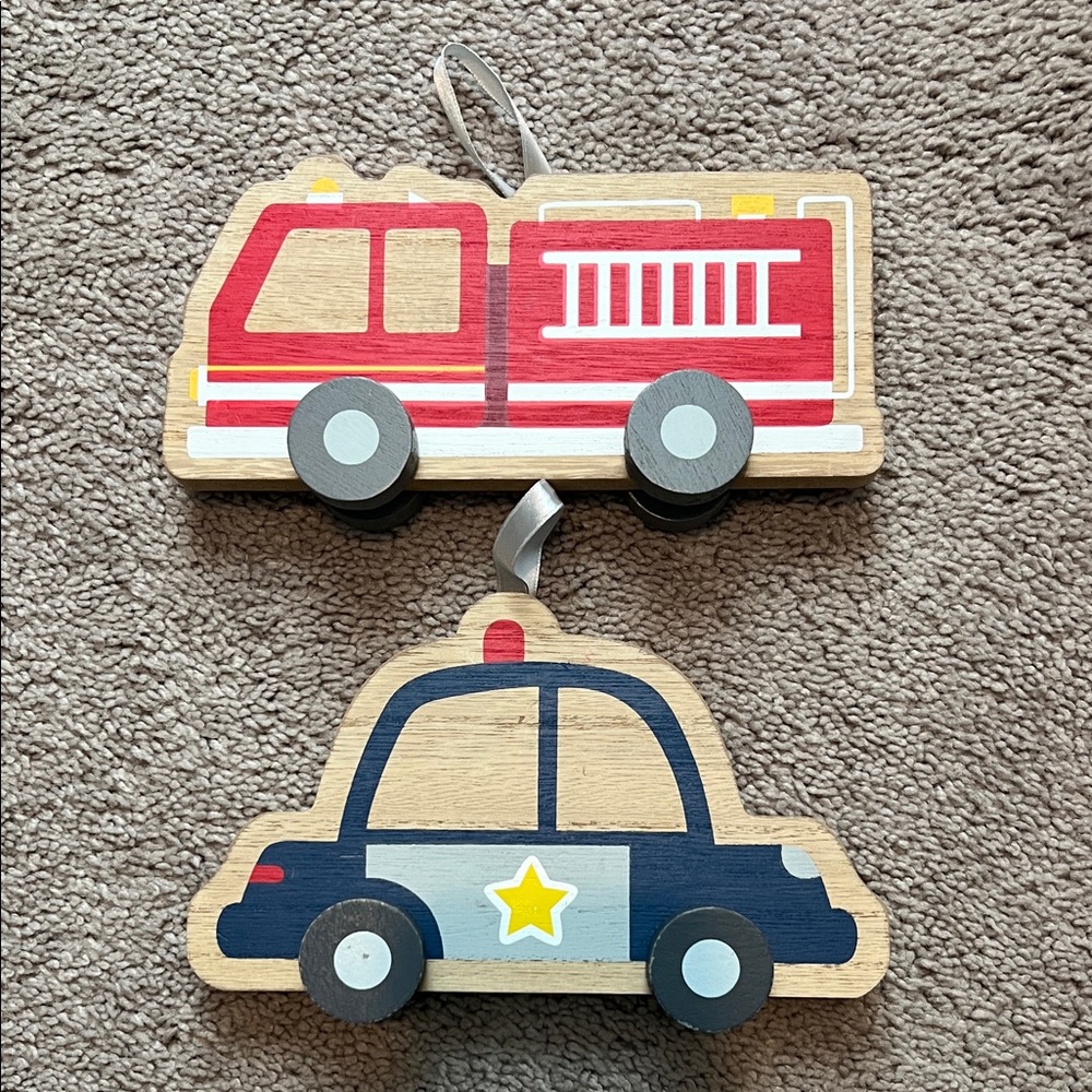 Hobby Lobby Wooden Red Fire Truck and Navy Blue Police Car Ornament Set
